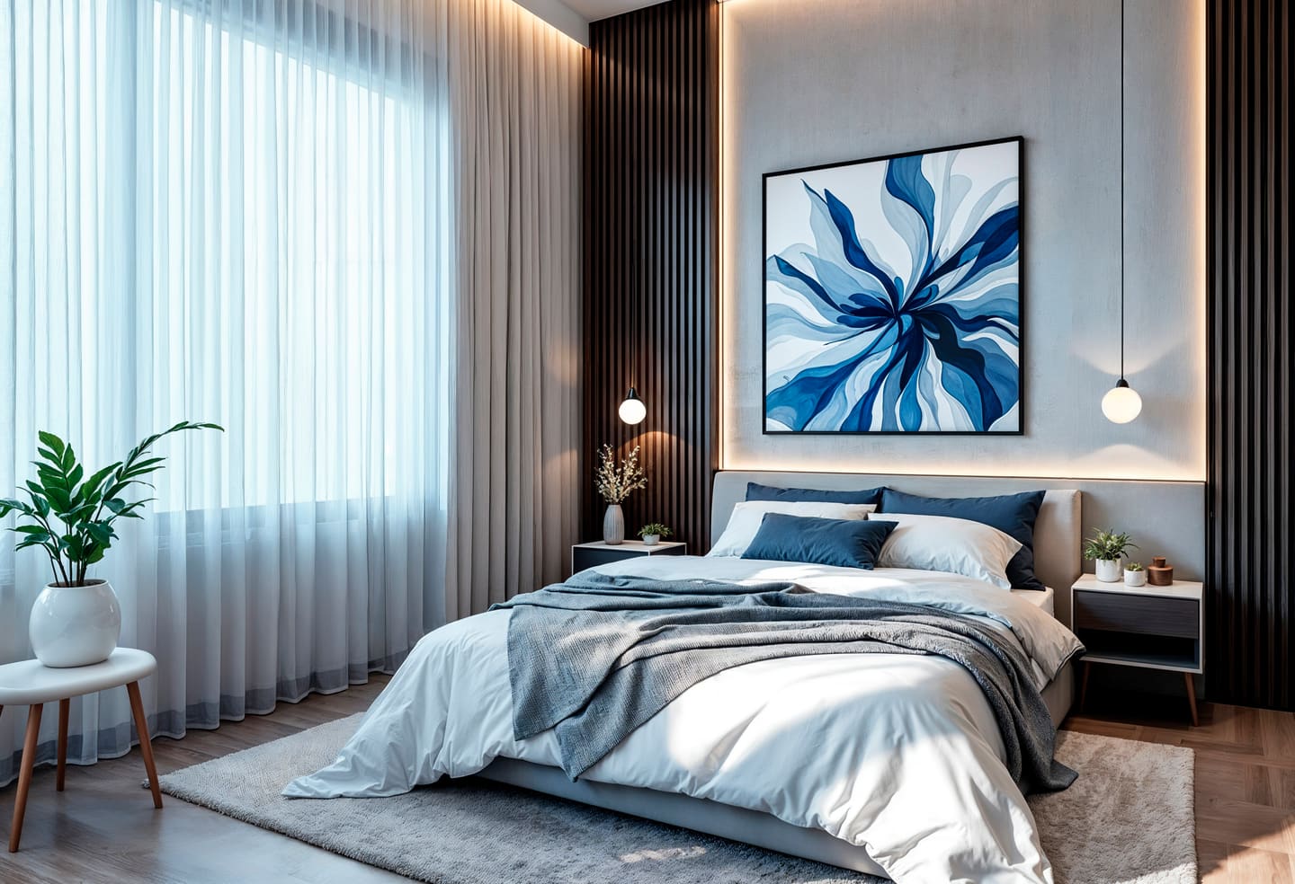 A bedroom with sheer floor-to-ceiling curtains, a dark fluted wall and a large blue abstract canvas